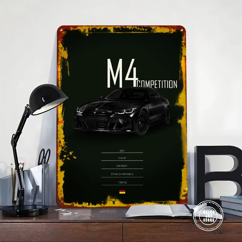 2021 German Sports Car M4 Competition Tinplate Poster Customized Wall Art Retro Vintage Metal Signs for Fans Decoration Home
