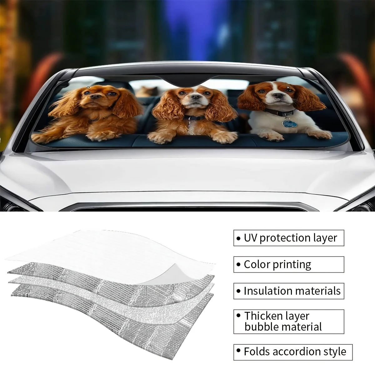 قطعة واحدة من مظلة السيارة الرائعة على شكل كافالير للكلاب، غطاء حماية للنافذة، حاجب من الشمس للزجاج الأمامي، يحافظ على تبريد السيارة، سهل التركيب #5