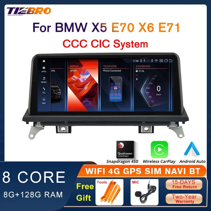 

TIEBRO 10.25" Carplay Car Radio For BMW X5 E70 2007-2013 CCC CIC System Multimedia Player Display Screen BT Snapdragon S450