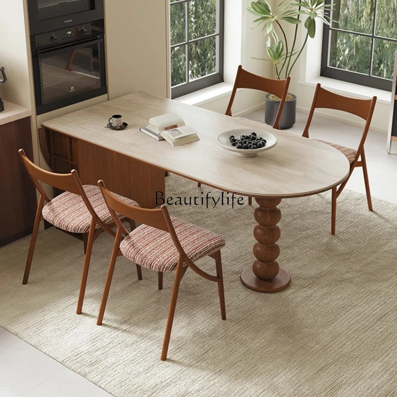 

French medieval travertine rock slab dining table two ends round foldable storage retractable dining table and chairs