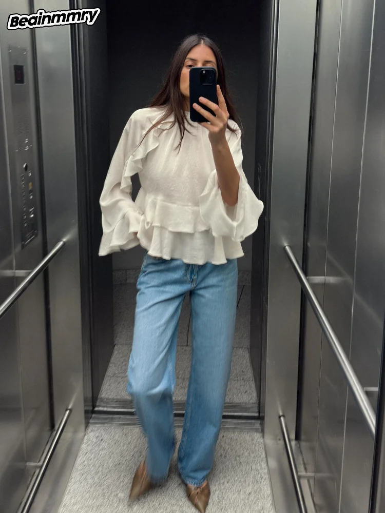 Elegant Solid Flare Sleeve Ruffle Edge Women's Blouse Fashion Stand Collar Blouse Shirt Tops New Lady Commute Street Short Tops