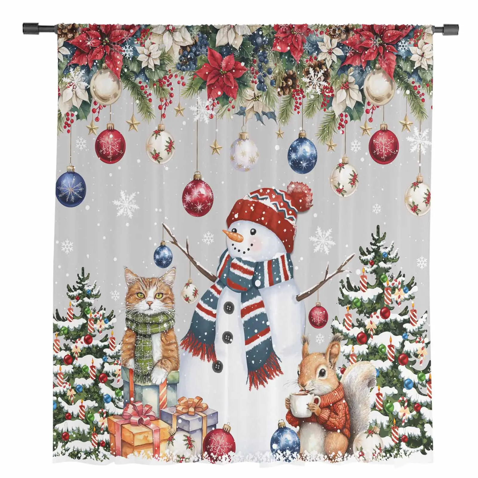 Árvore de natal boneco de neve gato esquilo floco de neve bola cinza sheer cortinas casa quarto cozinha janela decoração voile tule