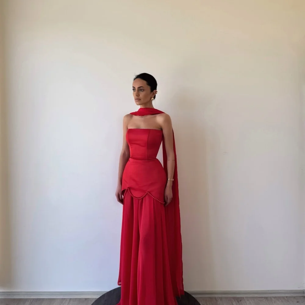 Bella Customized Pearls Two-Piece Set robes de soirée Strapless Sleeveless Satin Party Dresses Floor-Length Prom Dress 2025 image 3
