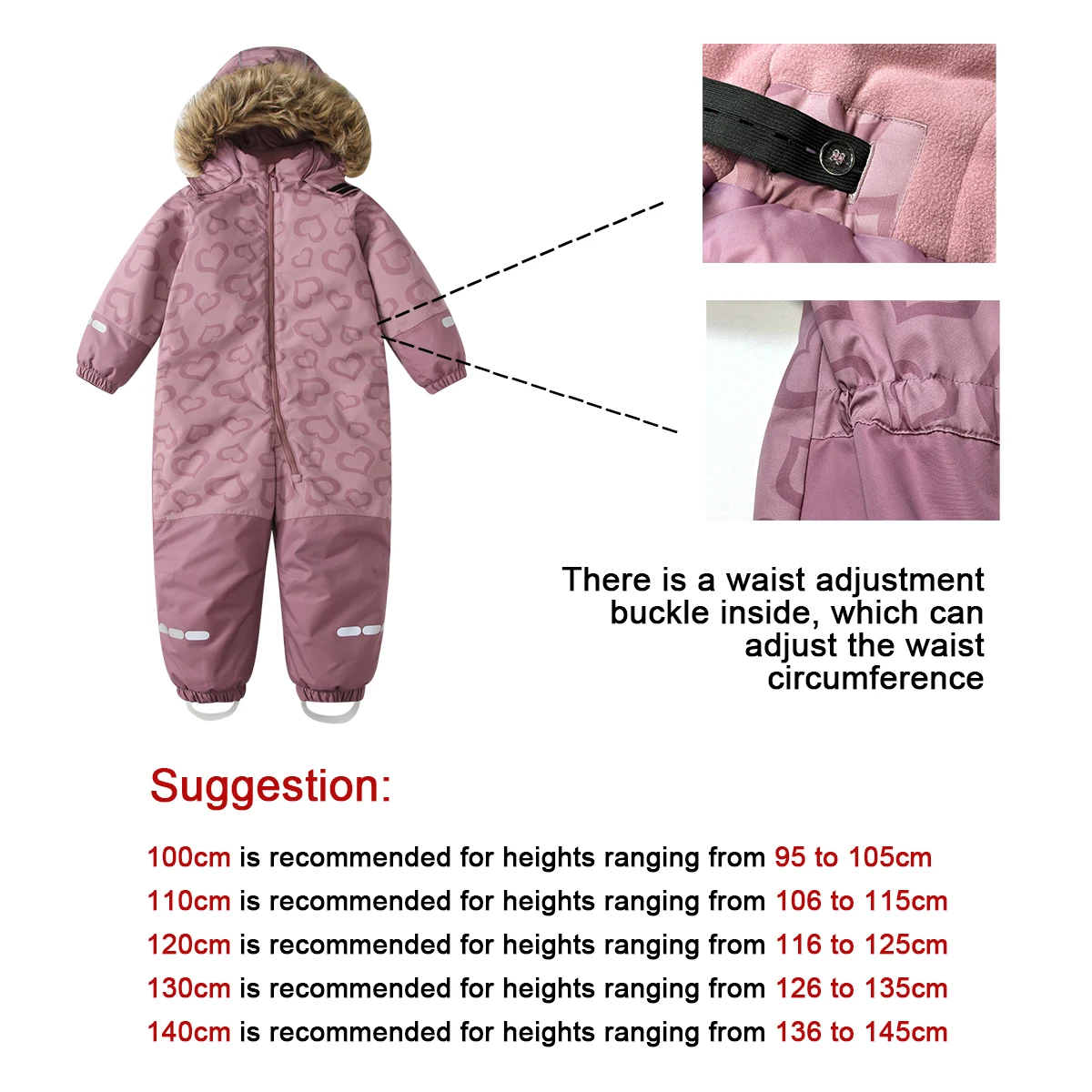 Baby Girls One-Piece Ski Suits Children's Snowboarding Fur Hooded Thick Windproof Warm Skiing Sports Clothes for Winter