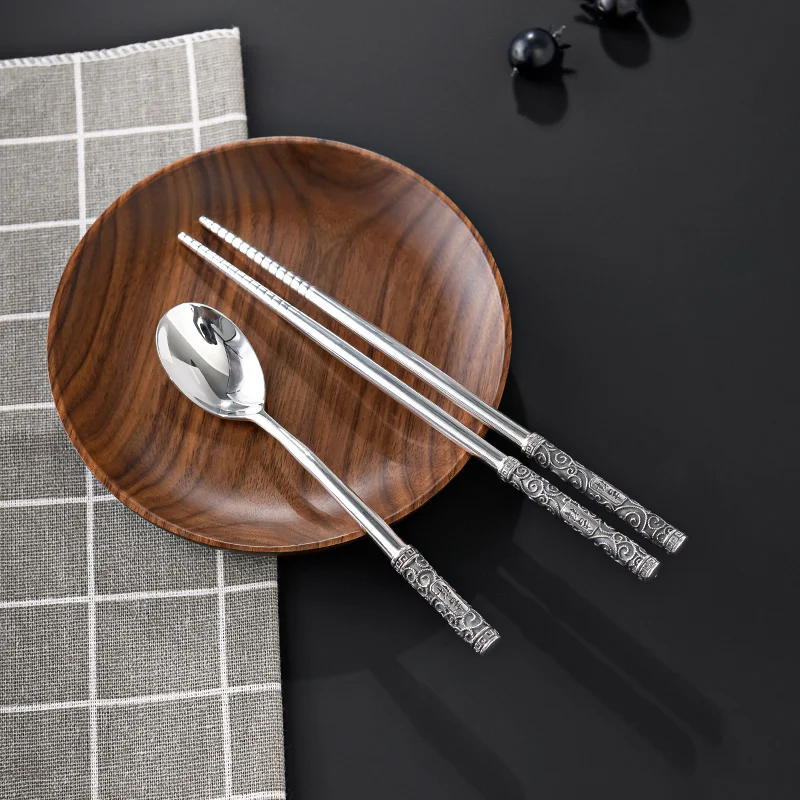 999 Sterling Silver Lucky Chopsticks Spoon, Reusable Handmade Restaurant Tableware Set, Household Western Child Gift