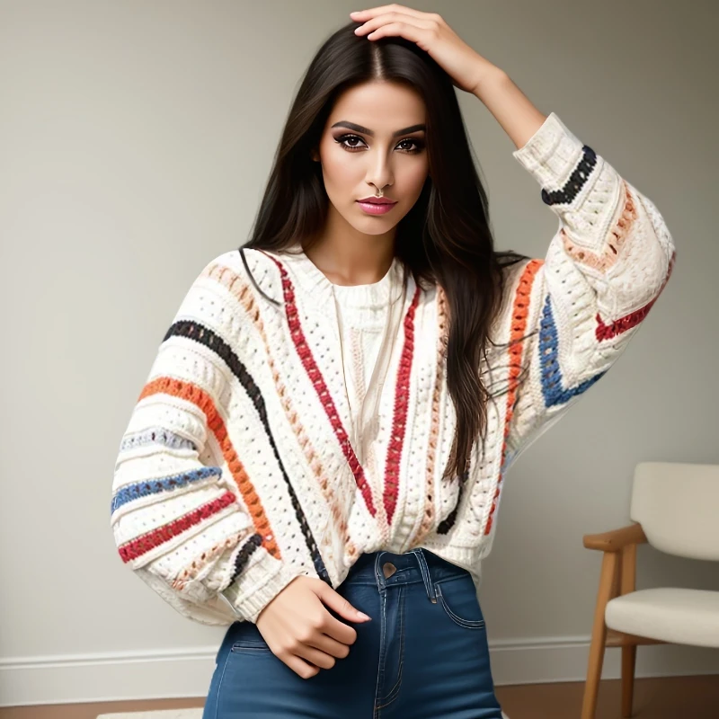 

New Women's Striped Crew Neck Cardigan Lantern Sleeve Sweater Contrast Color Fashion Casual Women's Knitwear Autumn Winter Top