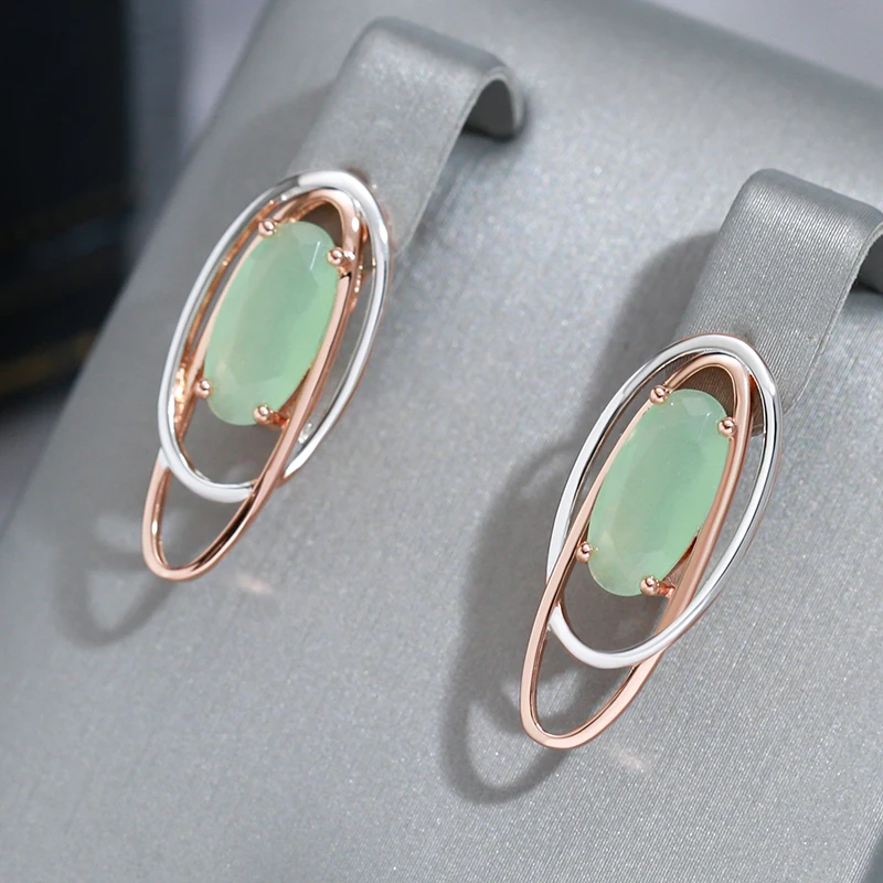 Wbmqda Trendy Double Oval Light Green Zircon Women\'s Earrings 585 Gold Silver Mix Color Personalized Modern Jewelry Accessories