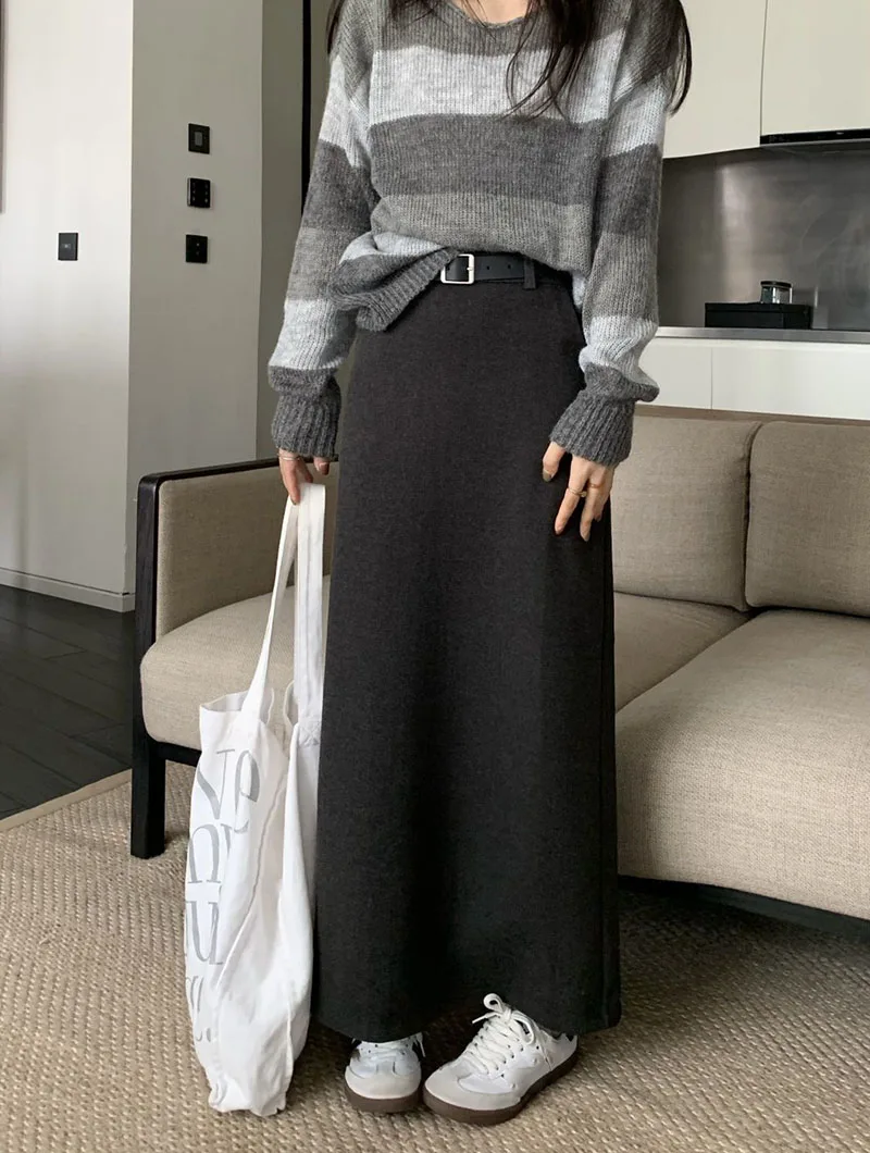 High Quality Woolen Maxi Skirts Female Elegant Chic High Waist Loose A-Line Skirts Women Vintage Streetwear Split Long Skirt