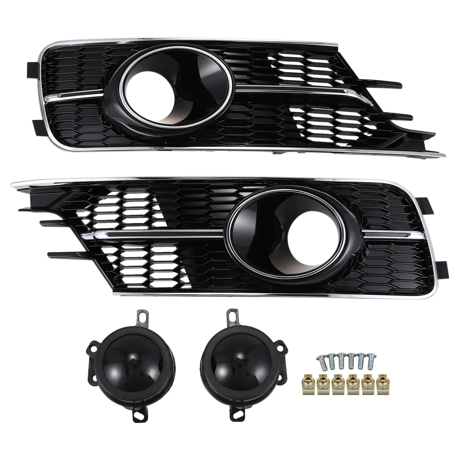 

For-AUDI A6 C7 2016-2017 Chromed Front Bumper Mesh Cover Grill & Fog Lamp Decor