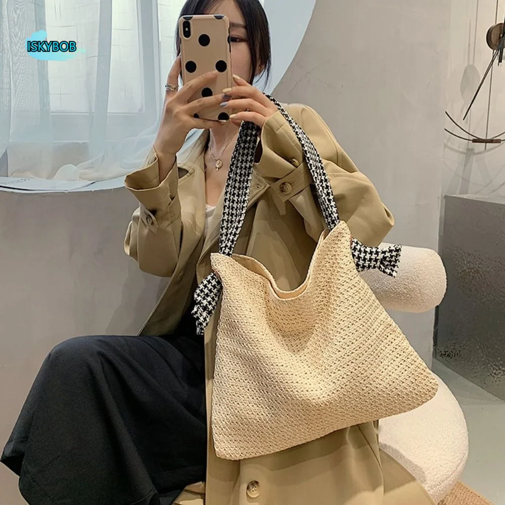 

Trendy Bohemian Straw Shoulder Bag Houndstooth Large Capacity Weave Tote Bag Hollowed Out Handbag Beach Bag Storage Bag