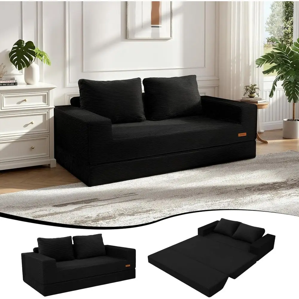 Queen Size Convertible Sofa Bed with Corduroy Fabric, Pull-Out Couch Bed, Sleeper with Pillows, Comfortable Lounge Mattress Love