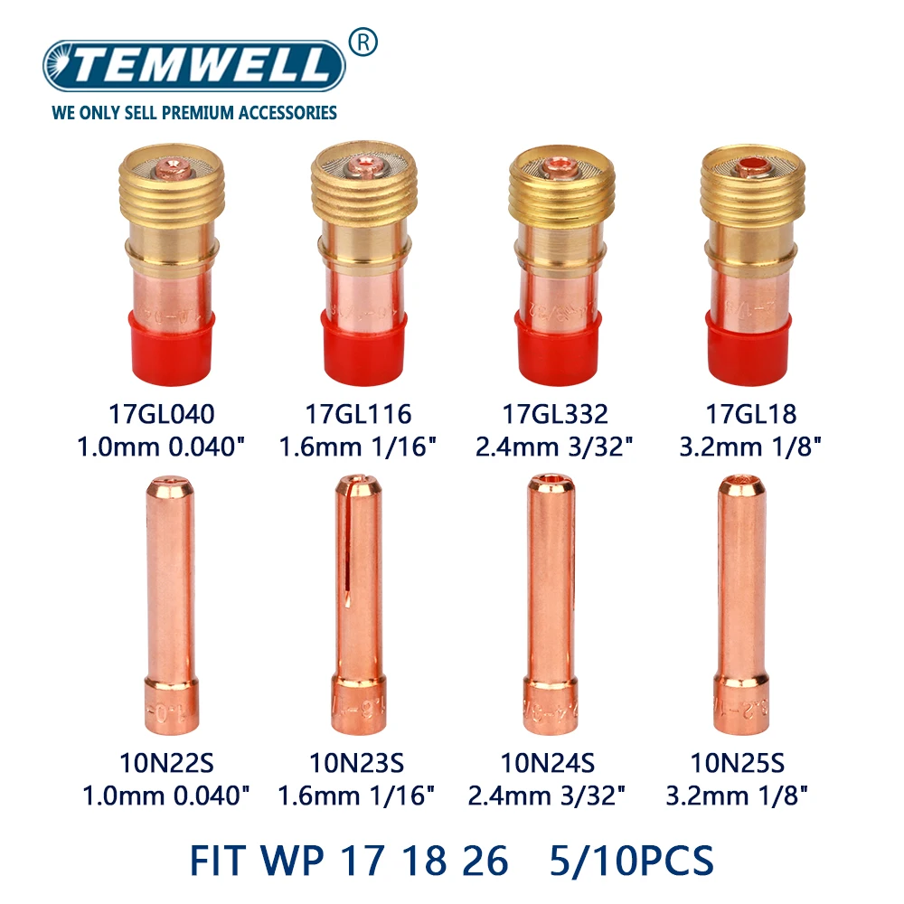 Imagem -05 - Corpo de Collet Lente de Gás Tig Acessórios Tocha de Soldagem 1.0 mm 1.6 mm 2.4 mm 3.2 mm 17gl040 17gl116 17gl332 17gl18 Tig Wp17 18 26 Pcs