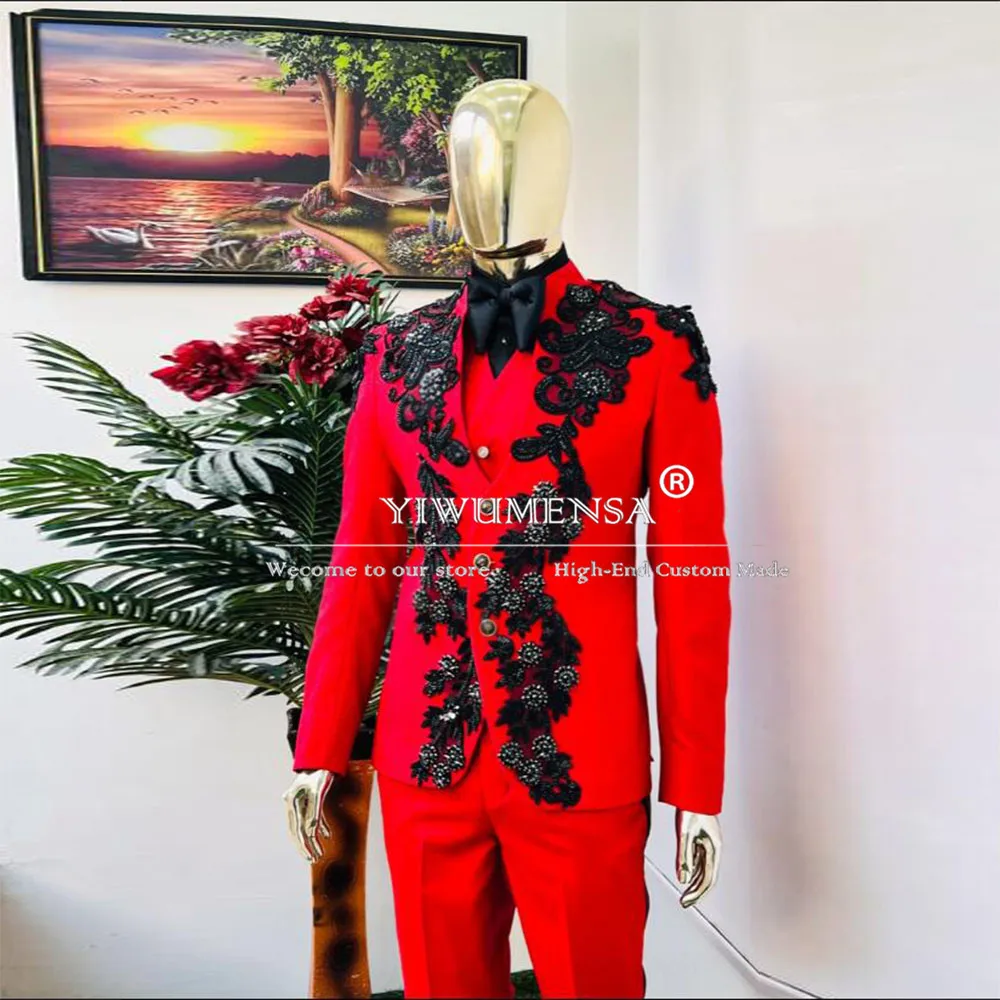 

Unique Design Men’s Red Safari Groom Suit Black Beading Stone Jacket Vest Pants 3 Pieces Wedding Tuxedo Tailored Traje De Hombre