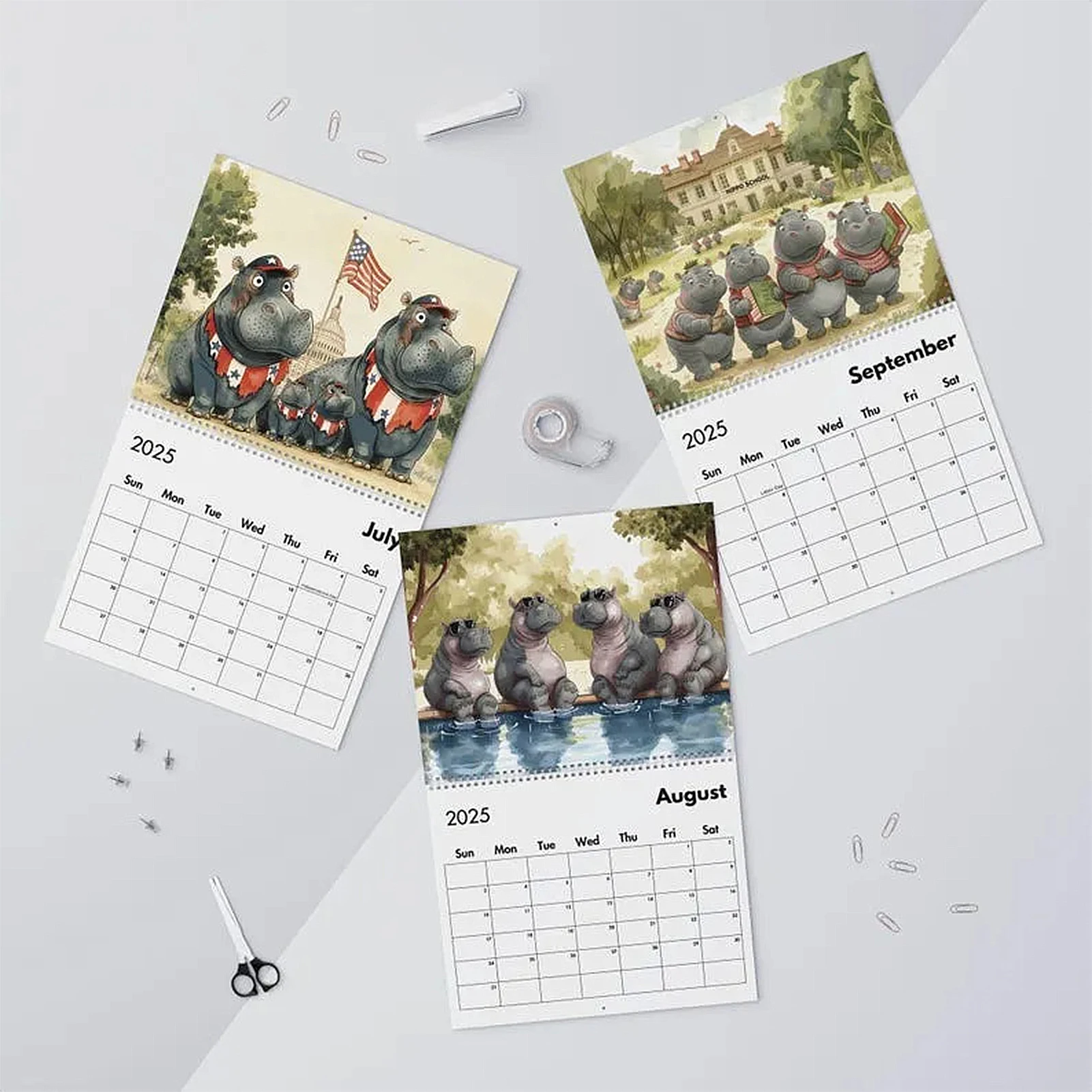 Whimsical Hippos Calendar 2025 12 Months Wire-Binding Wall Calendars for Home and Office Organization