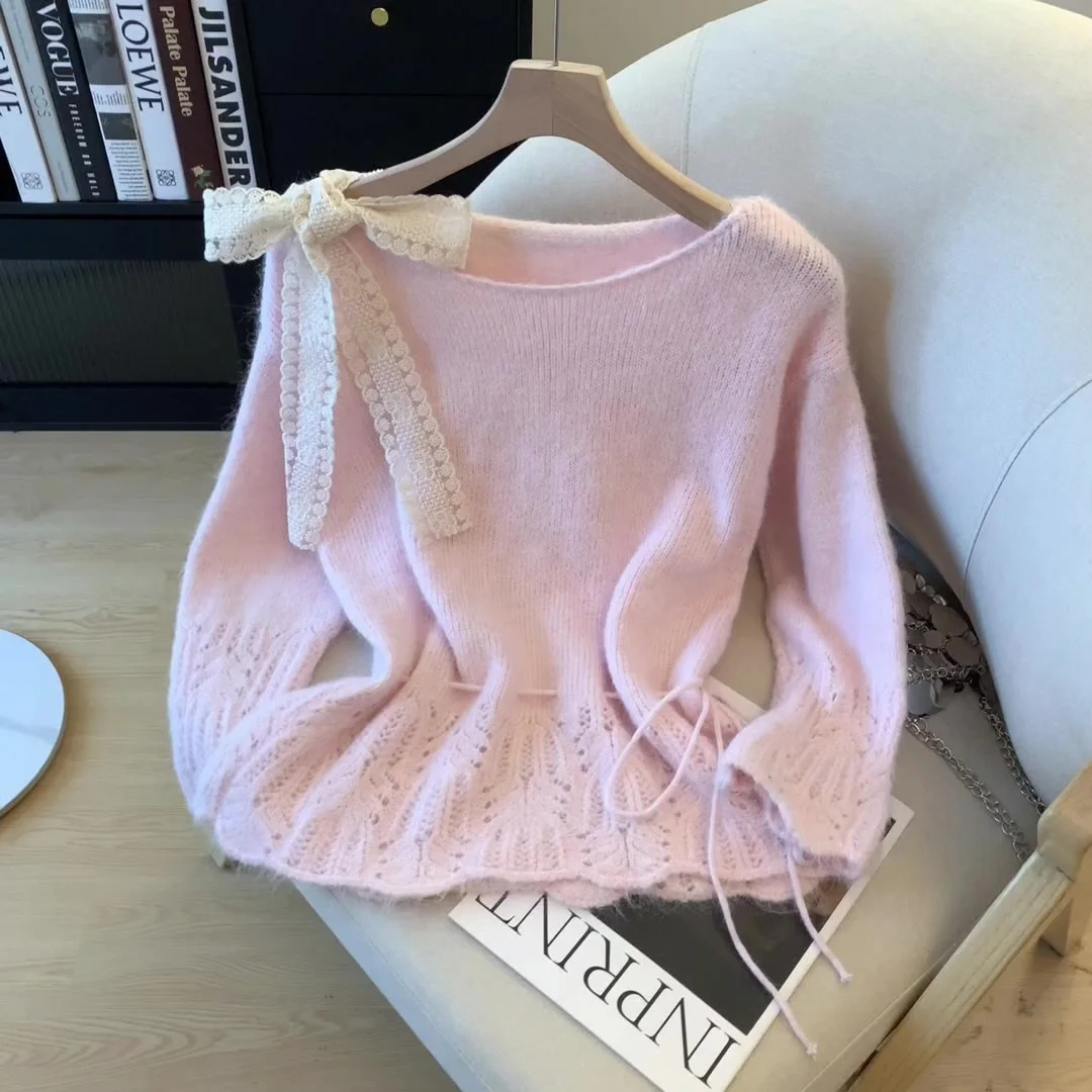 

ALPHALMODA 2025, новый осенний наряд, облегающий талию, для похудения, элитный, сладкий бант, свитер, свободный модный свитер для девочек