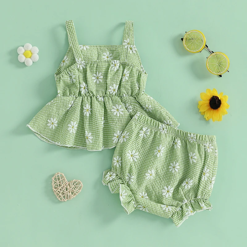 

Комплект из топа без рукавов с рюшами и шортами с эластичной резинкой на талии для маленьких девочек, очаровательный летний наряд для маленькой девочки
