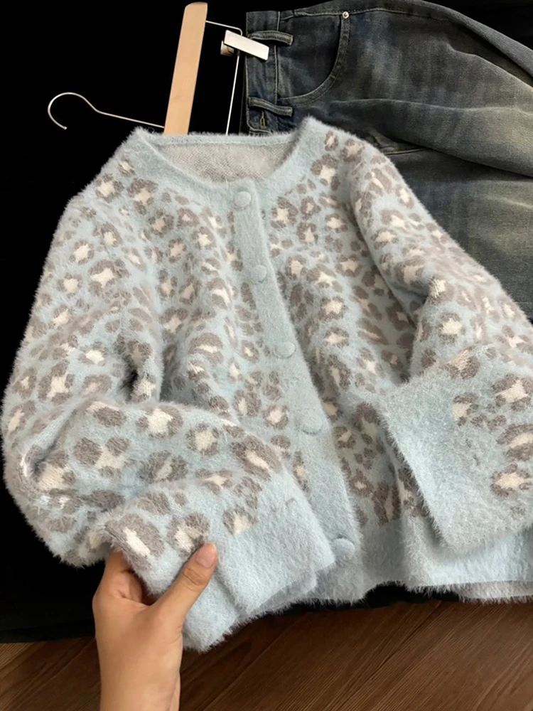 

Y2K Streetwear Knit Cardigan Women Vintage Leopard Lazy Wind Casual Sweater Autumn Winter Loose High Street Retro Hottie Outwear