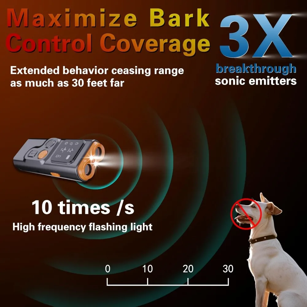 Anti Barking Device for Dogs Indoor Outside Handheld Ultrasonic 32Ft with Flashlight Dog Training Tool Rechargeable Dark Orange