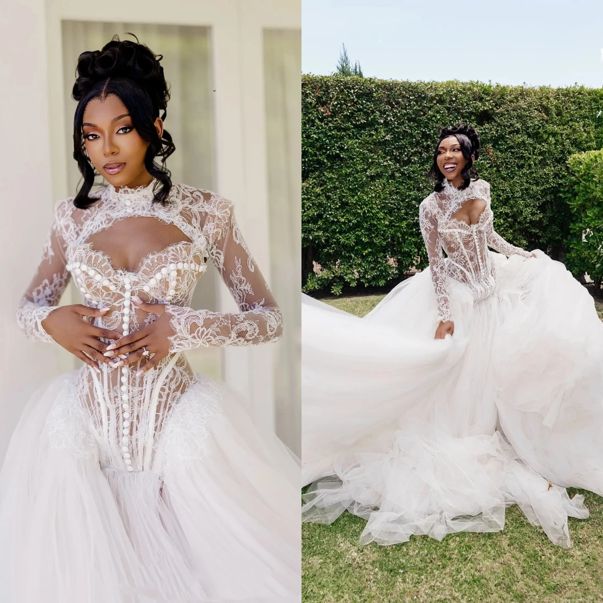Luxury Wedding Dress For Black Women High Neck Long Sleeve Bodice Pearls Appliques Bridal Dress Vestidos De Novia Customized