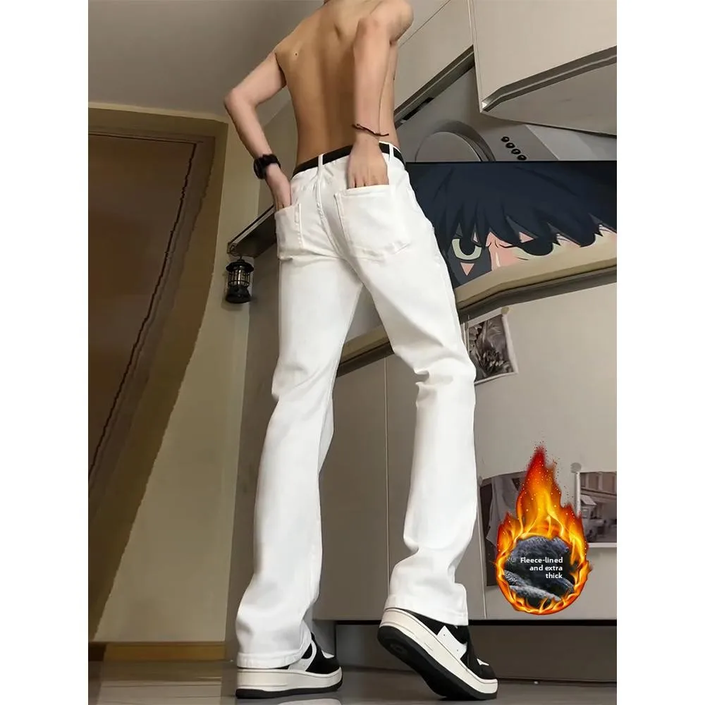 

White Fce Lined Slim Fit Knife Denim Jeans Men's Autumn Winter Straight Leg Micro Flared Pants High Street Sle