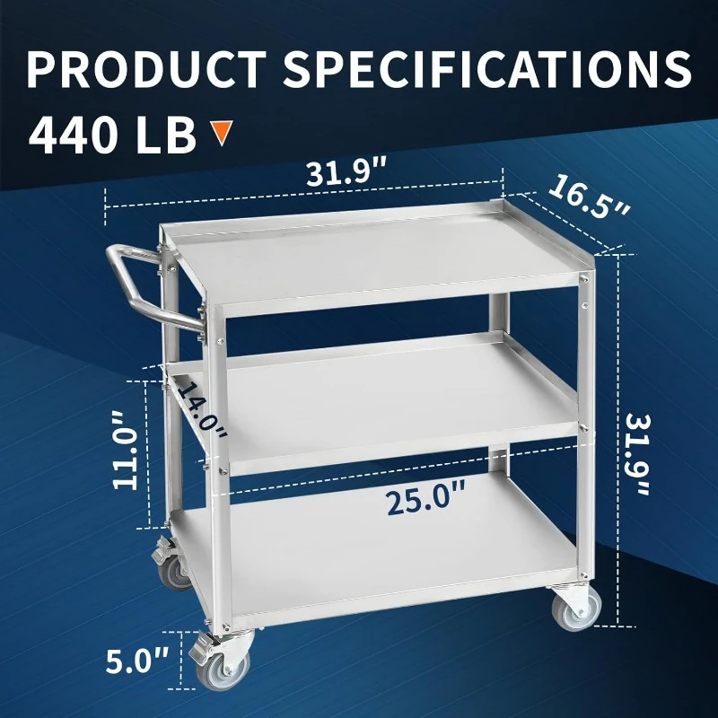 3 Tier Stainless Steel Utility with Handle and Wheels for Kitchen Restaurant Hospita Lab and Hotel 16.5