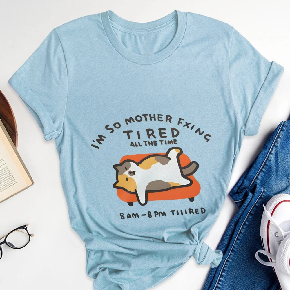 

Утомленный кот, милый мультяшный узор, графические корейские отзывы, множество футболок для девочек, женские и мужские свободные винтажные модные топы для девочек, новинка