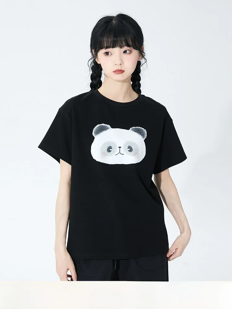 

Bla Panda Print ort Sve T-irt Women's Summer Thin Loose Cute round Ne Top by Cong Tailor Nylon Cotton Blend Fabric