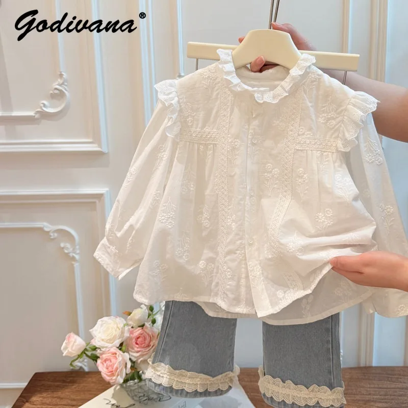 

Little Girls Long Sleeves Blouses 2026 Spring New Pure Cotton Soft Embroidery Shirts Sweet Baby Girl Fashion Lace Princess Tops