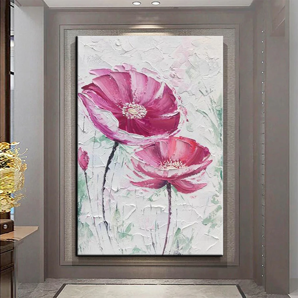 

Hand Painted Blue red Flowers Oil Painting handmade canvas Painting Wall Art Modern artwork for Living Room Hallway Bedroom