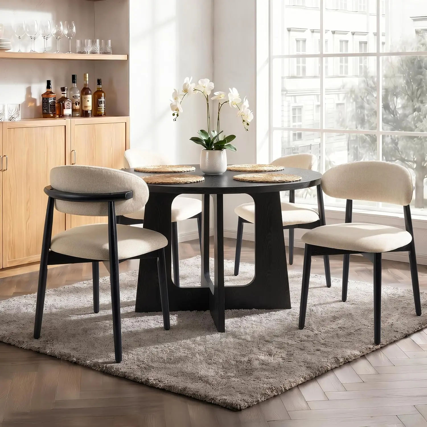 5-Piece Round Dining Set with 4 Upholstered Curved Backrest Chairs, 47