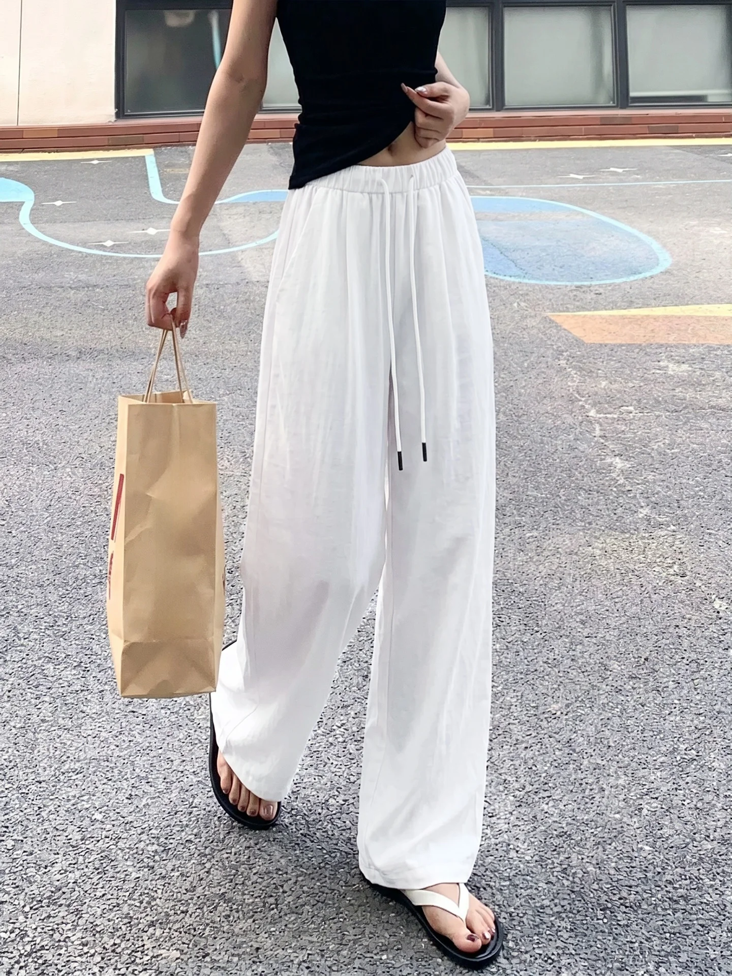 White Quick-Dry Sport Pants Women's High Waist Drapey Thin Loose Wide Leg Trousers Korean Style Casual Pants Summer New Arrival