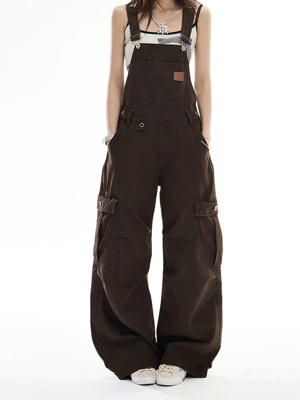 Loose Women's Denim Overalls Coffee Color Wide Leg Floor Length Pants Early Autumn New Design Casual Comfortable Cotton Jeans