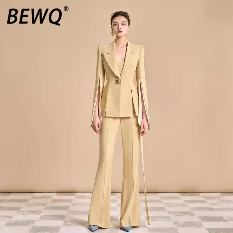 

BEWQ Fashion Women's 2 Pcs Set Notched Split Sleeve Single Breasted Blazer High Waist Slim Pants Elegant Suit 2025 Autumn New