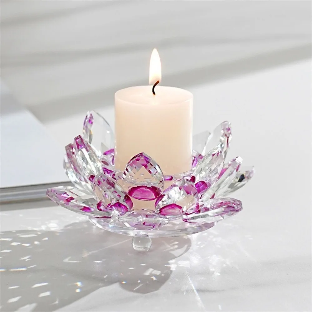 New Lotus Candle Holder Crystal Clear Figurines Tealight Candlestick Glass Home Ornament Everlasting Lamp Base Party Decor