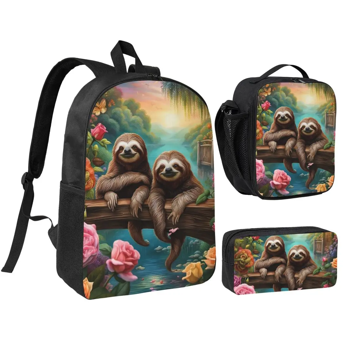

Lovely Sloth Print Backpack Student BookBag School Bag Shoulder Bags 3ps Insulated Lunch Bag Pencil Case