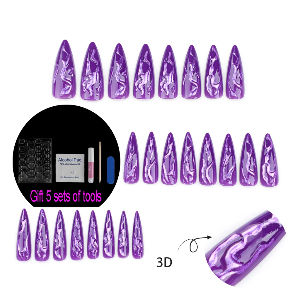 24Pcs unghie finte Halloween Purple Witch Long False Nail Design indossabile con Jelly Gel Press on Nails Tips all'ingrosso/personalizzato