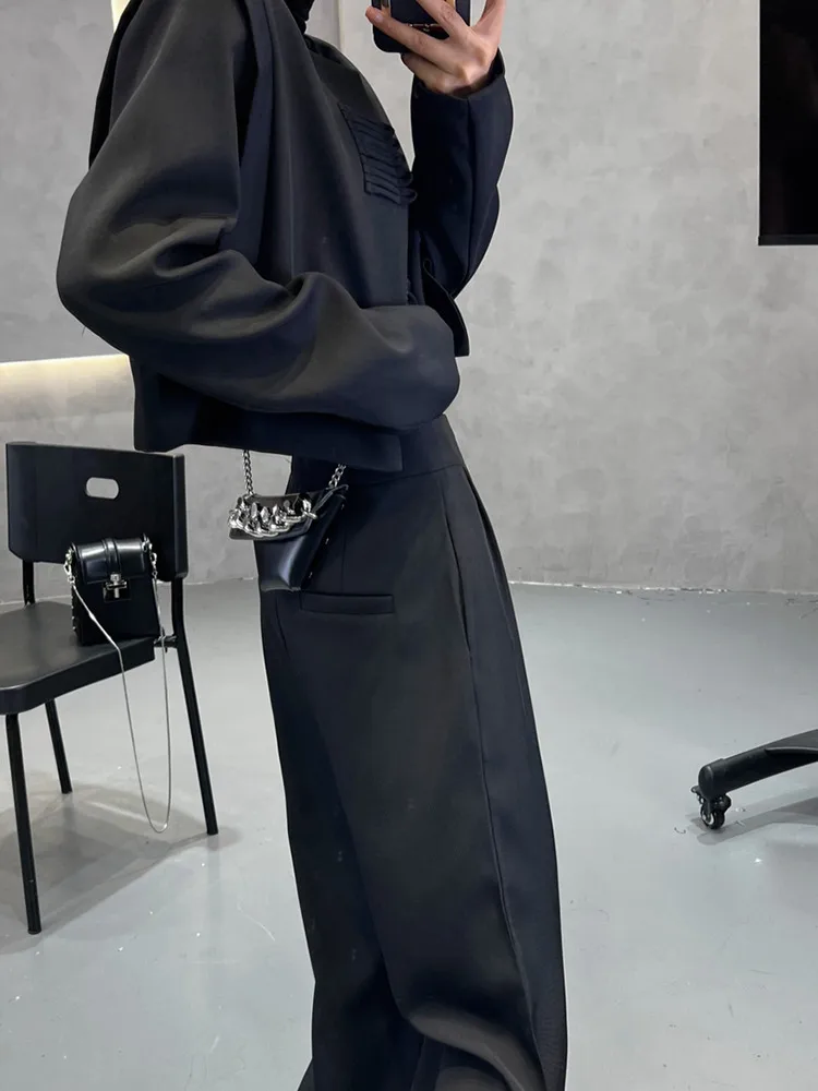 Blazer corto chino para mujer, conjunto de dos piezas, pantalones de pierna ancha, traje Retro informal con hebilla y cuello redondo, Otoño e