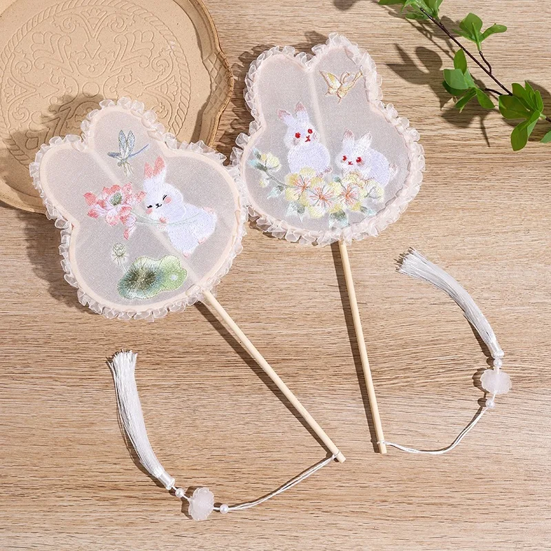 Ancient-Style round Fan Semi-transparent Embroidered Long-Handle Palace Fan with Tassels for Hanfu Qipao Summer Use