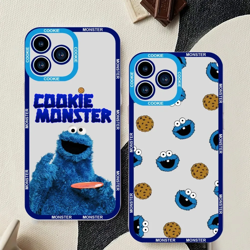 Cartoon Cookie Monster Phone Case For iPhone 11 12 Mini 13 14 15Pro Max Transparent Shell