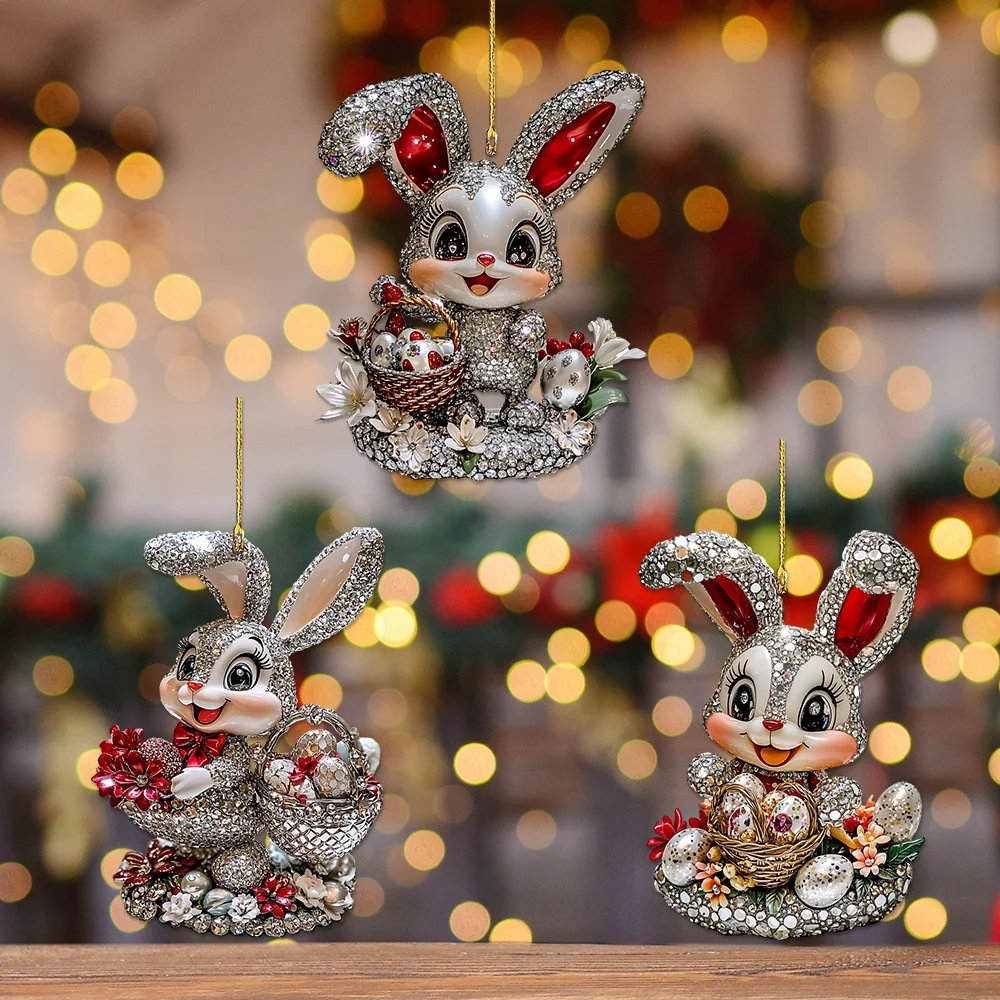 2d Flat Rabbit Acrylic Pendant Cute Easter Bunny Keychain Car Rearview Mirror Hanging Ornament Backpack Keyring Accessories