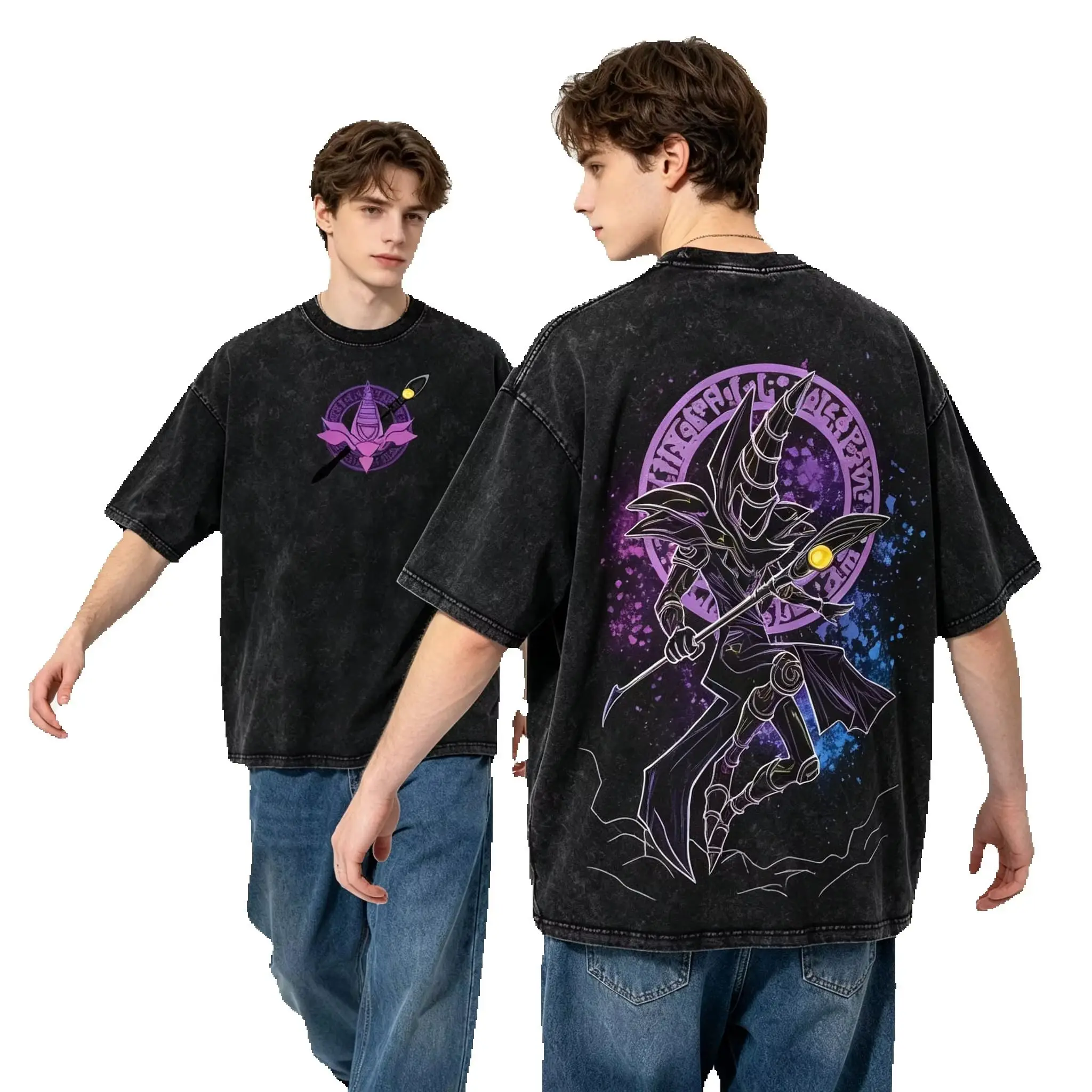 Vintage Yu Gi Oh Dark Magician Anime Casual Street Wear Women's Tshirt Unisex Tee Top Men's Cotton Short Sleeve Washed T shirt