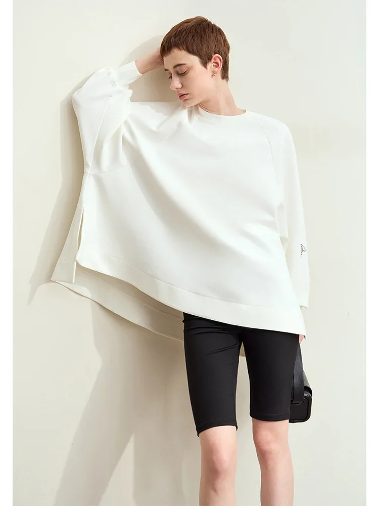 Amii Minimalism 2024 Autumn Hoodies for Women New O-Neck Shoulder Sleeve Print Letter Embroidery Loose Sporty Slit Tops 12453015