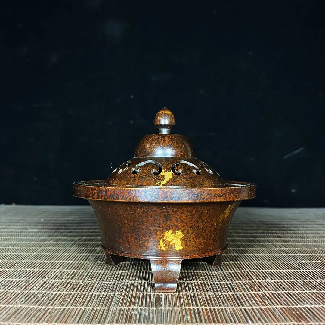 Gilded Dot Brass Three-Legged Hollow Ruyi Incense Burner, Gourd-shaped Incense Censer Decor Ornament
