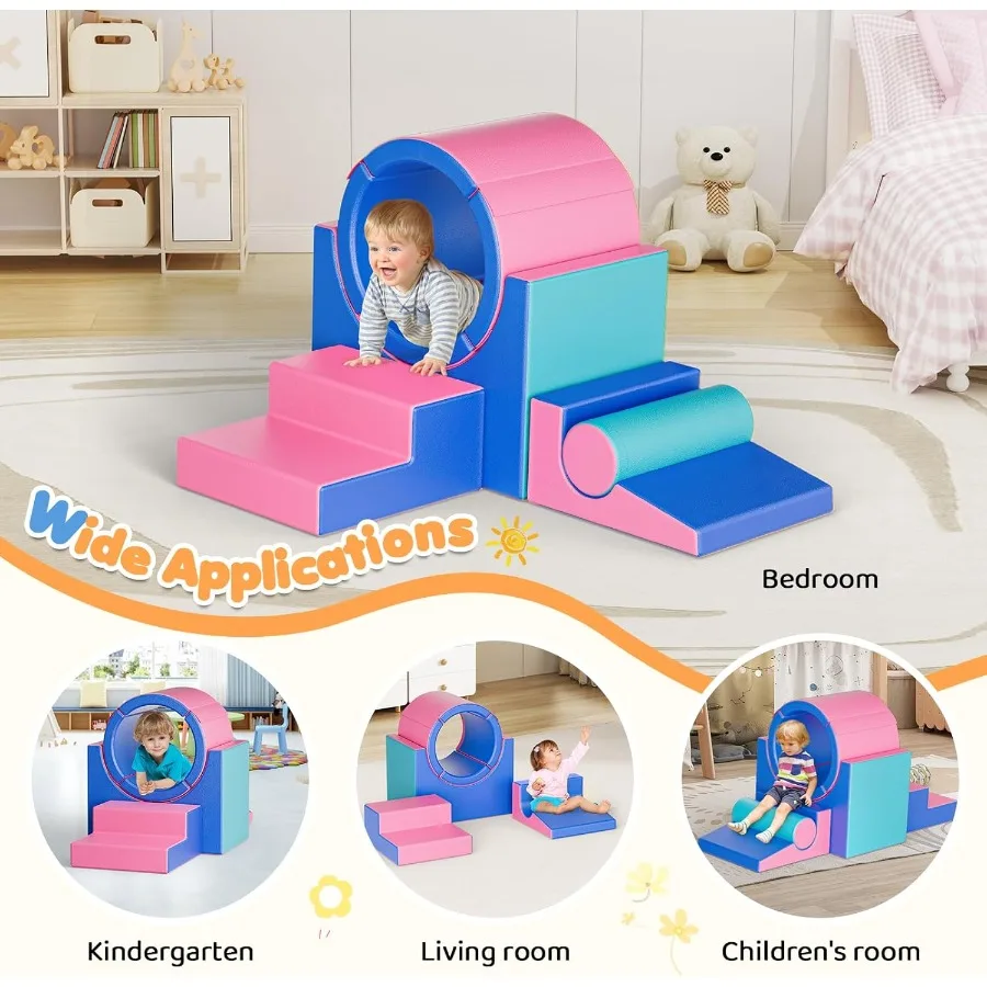 كتل تسلق إسفنجية للأطفال الصغار من 1 إلى 3 سنوات، مجموعة لعب ناعمة مكونة من 5 قطع مع ألعاب استكشاف الزحف على شكل نفق، كتل آمنة للرضع في الأماكن المغلقة لـ B