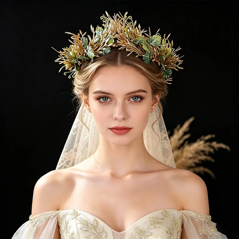 Gold Wheat Ear Leaf Hair Hoop for Bride Wedding Photography Forest Style Headband Headpiece for Women