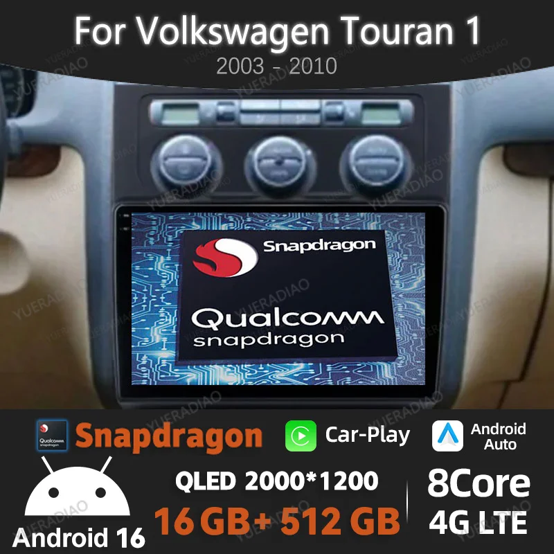 Autoradio Android 16 pour Volkswagen Touran 1 2003 - 2010, caméra de recul, Bluetooth, autoradios 2DIN, FM, unité centrale Qualcomm 4G WIFI