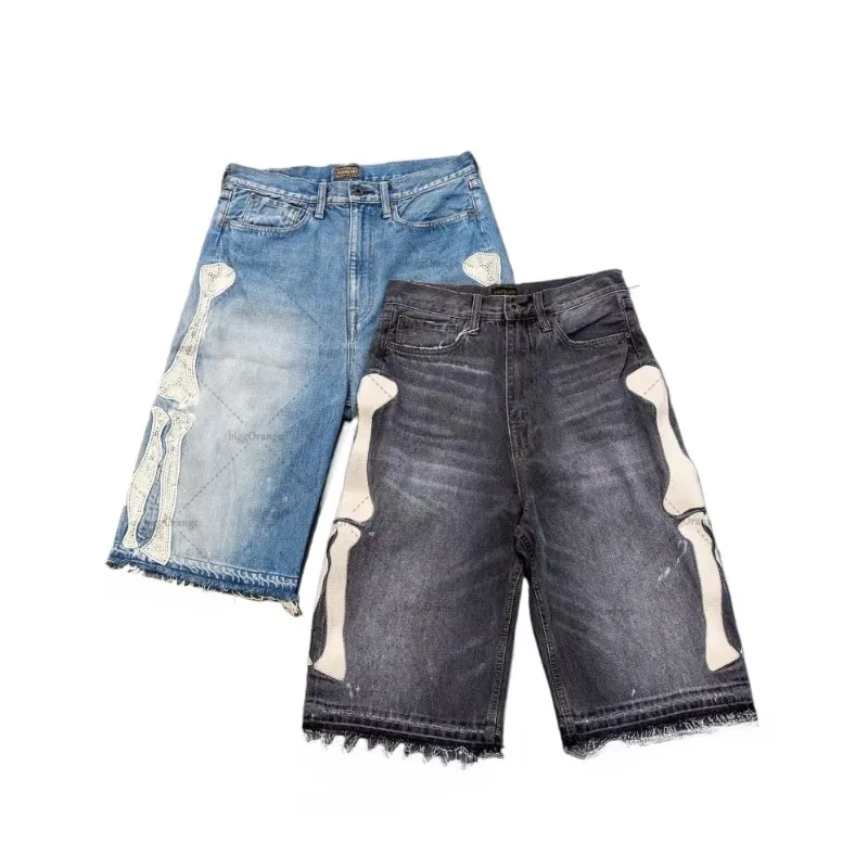 2024 European and American Summer Retro Skeleton Denim Shorts Sports Casual Shorts New Couple Wear Street Wear Five-Fifth Pants