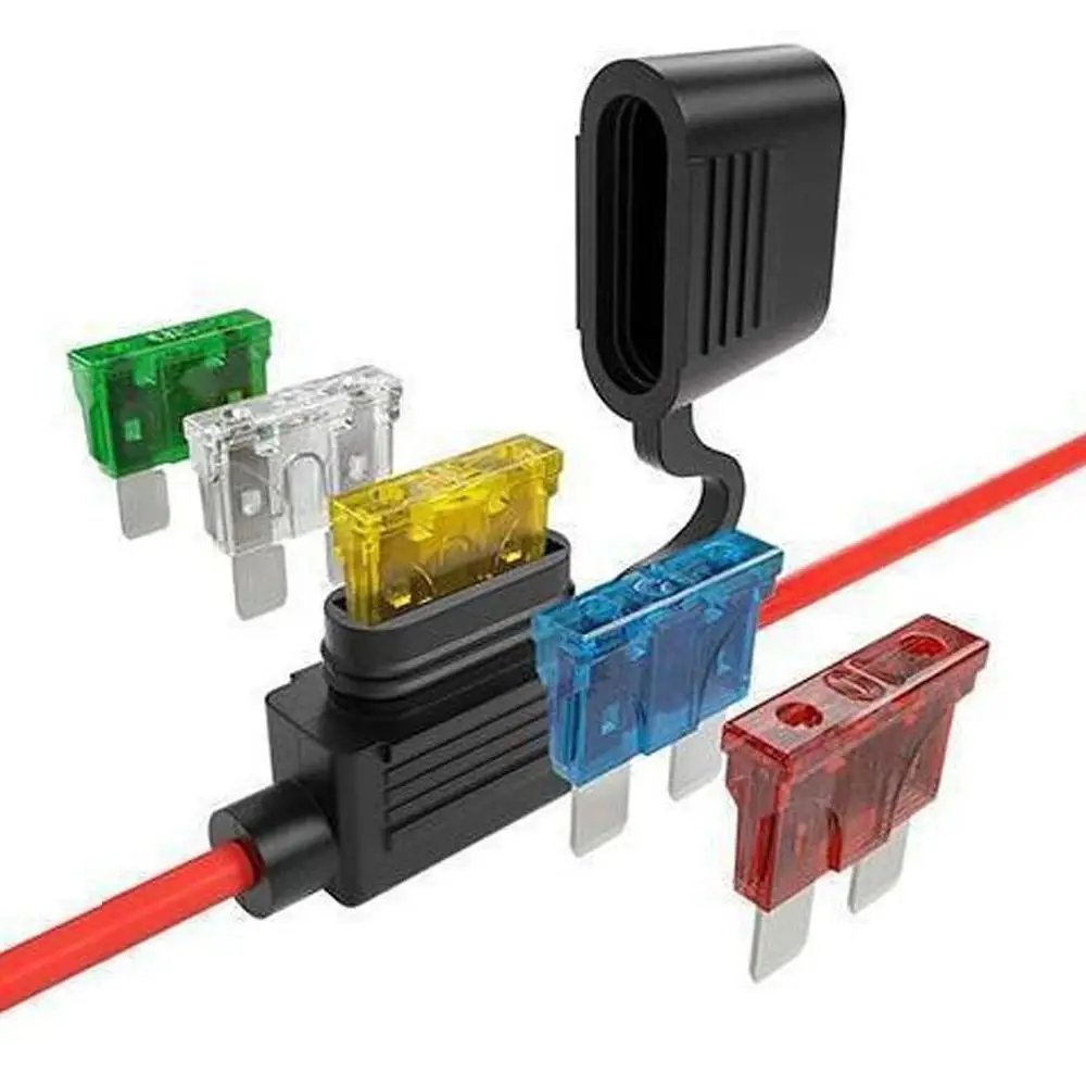 Wodoodporny 12V 24V 32V Mini mały średni automatyczny uchwyt bezpiecznika 18/16AWG Samochodowy bezpiecznik płaski 1A 2A 3A 5A 10A 15A 20A 25A 30A 35A 40A