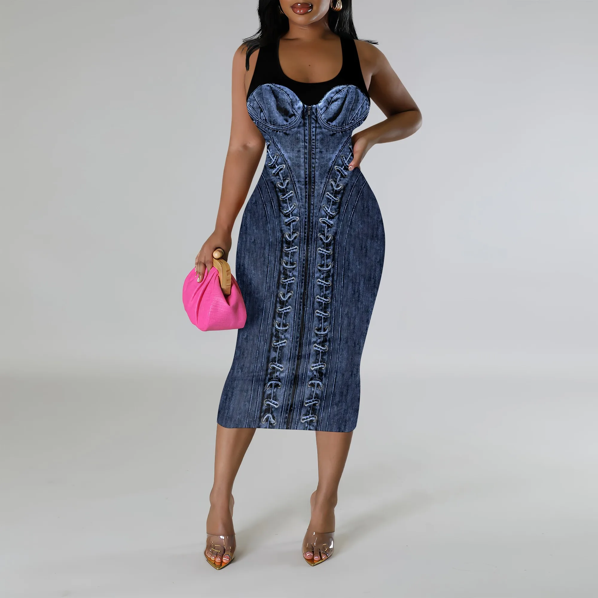 

SheFirstStyle Dark Denim Corset Bodycon Dress for Women 2025 Plus Size Sleeveless Sexy Polyester Bustier Dress