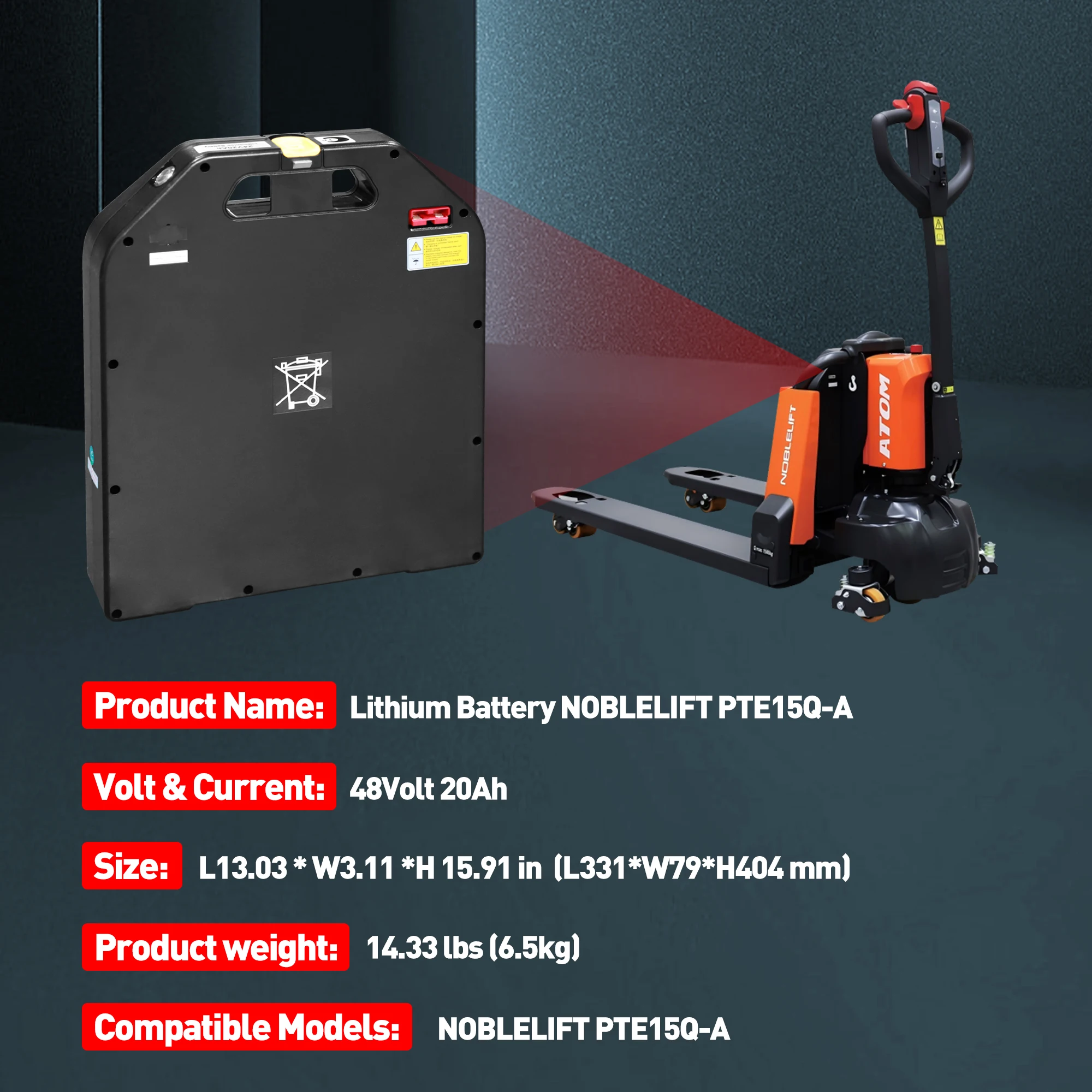 Electric Pallet Jack - ノリ・リンドンPTE20Q-A電動パレットジャック用48ボルト20Ahリチウムバッテリー